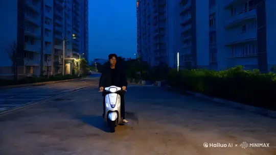 白完骑着电车回到家，把车在门口走到家门口时，突然停了下来，看着门口发呆，心想这里就是他的家吗？
家？什么时候有的呢，不知道，但是，他却感觉很熟悉很温暖，似乎，在他很小的时候，他就住过这个地方。
"妈，我回来了 by Hailuo AI Video Generator
