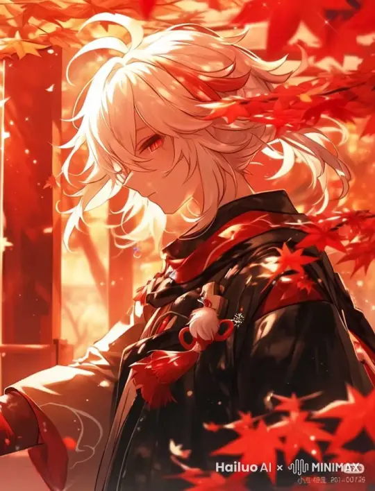 少年头发飘动，眨眼睛，胸前的挂饰和枫叶也跟着风飘动， by Hailuo AI Video Generator