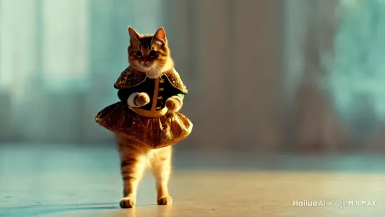 小猫像人一样穿着华丽的衣服跳舞 by Hailuo AI Video Generator
