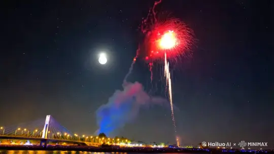 主题，在天空中爆发出绚丽的烟花
场景，零星灯光的跨海大桥，天空有着繁星点点，月亮呈现淡蓝色
角色，一颗带着蓝色尾烟的礼花缓慢飞上天空，到达月亮侧面的天空后爆炸  喷发出蓝色 紫色 红色的绚丽超大色彩
海岸边有熙熙攘攘的人群观看

 by Hailuo AI Video Generator