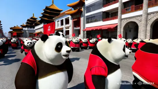 场景描述:
• 主要角色任务:一群有几十只的大熊猫队伍,沿着泉州西街直立行走,如同行军队伍,西街:泉州最古老且保存最完整的古街区,自唐朝起就“列屋成街”。这里汇聚了开元寺、东西塔等众多文物胜迹,还有名人宅第、近现代洋楼等,将泉州千年历史人文贯穿起来,是体验泉州烟火气与历史底蕴的绝佳之地。
• 服装细节:其中一只领头大熊猫穿着黄色运动衣服,举着红色队旗,旗面上有“步行者”字样,走在队伍最前面。除了领头的大熊猫外,其余大熊猫统一穿着红色的运动服
视觉风格:
• 3D效果:图片应呈现3D效果,以增强立体感和真实感。请认真准备执行。比例 9:16。 by Hailuo AI Video Generator