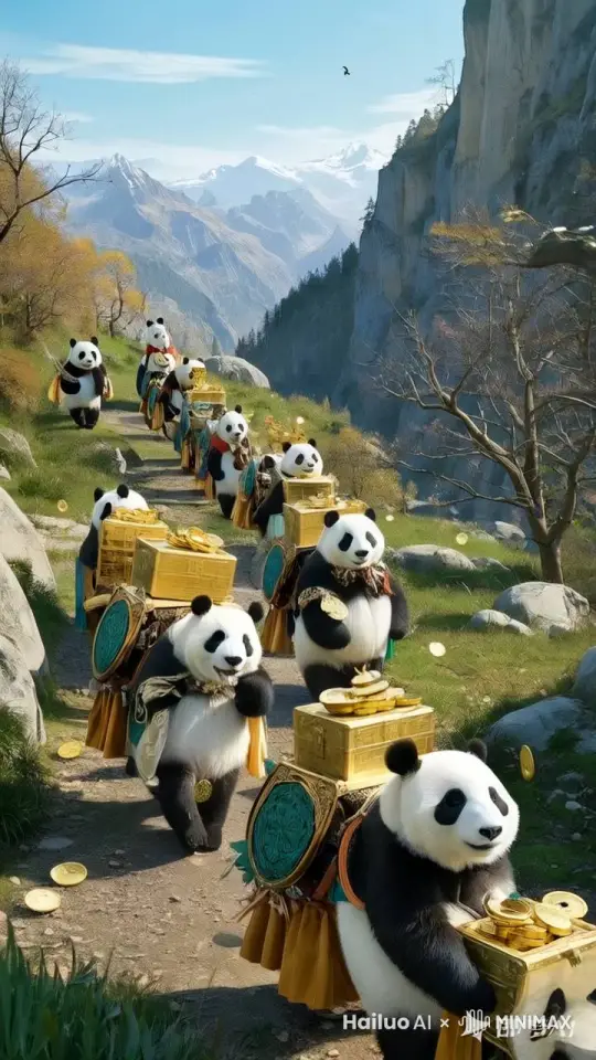 固定镜头，熊猫冲向屏幕，金币不停掉落在地面，高速摄影，高清，不模糊，不变形 by Hailuo AI Video Generator