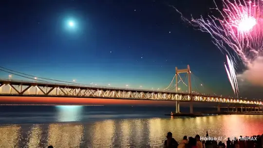主题，在天空中爆发出绚丽的烟花
场景，零星灯光的跨海大桥，天空有着繁星点点，月亮呈现淡蓝色
角色，几百颗带着彩色尾烟的礼花轮流飞上天空，到达月亮侧面的天空后爆炸  喷发出蓝色 紫色 红色 银白色 多彩的绚丽立体 超大色彩圆
海岸边有熙熙攘攘的人群观看

 by Hailuo AI Video Generator