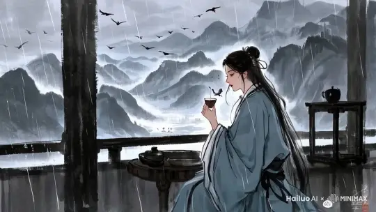 外面下着淅淅小雨，人物轻微晃动 by Hailuo AI Video Generator