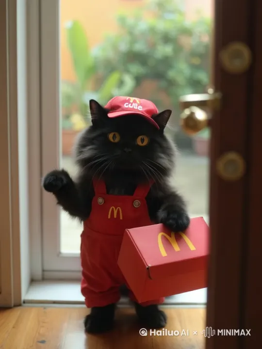 镜头中的猫咪敲了敲门递上了手中的快餐 by Hailuo AI Video Generator