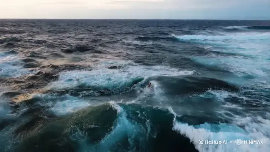 一个人在波涛云涌的大海里游泳 by Hailuo AI Video Generator