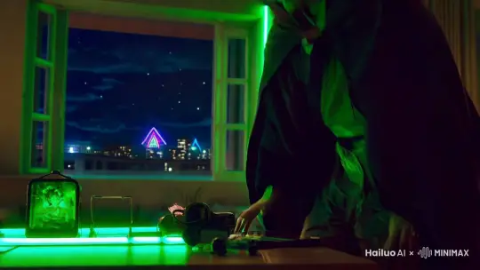 场景设置：
室内环境：夜晚的家中，窗外是城市的霓虹和星空。
光照效果：绿色氛围光照，营造出神秘而诱人的动漫风格。
角色特点：
男子形象：宫崎骏动漫风格，穿着具有动漫特色的服饰，如长袍或披风。
表情与动作：坐在桌前神秘而自信，手势优雅，介绍产品时眼神坚定，充满魅力。
视觉风格：
色彩搭配：以绿色为主调，辅以暗色调。
拍摄技术：
镜头运用：使用特写镜头捕捉产品细节，广角镜头展示整体氛围。
光影效果：利用绿色LED灯带或投影仪创造动漫中的魔法光效。
后期制作：添加动漫风格的特效和过渡，增强视觉冲击力。
内容结构：
开场：男子在夜色中出现，简单介绍自己和即将展示的产品。
互动环节：男子与镜头互动，模拟使用产品的场景。
结尾：男子总结产品优势，邀请观众关注或购买。
 by Hailuo AI Video Generator