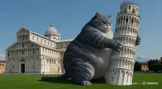 一个巨大的蓝色胖猫把比萨斜塔拔起来，动作流畅 by Hailuo AI Video Generator