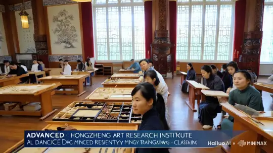 这是一个关于明代瓷器培训班的招生视频，场景一：鸿正艺术研修院第一期明代瓷器高研班正式开始招生；场景二：实力师资展示，场景三：各种明代瓷器展示 by Hailuo AI Video Generator