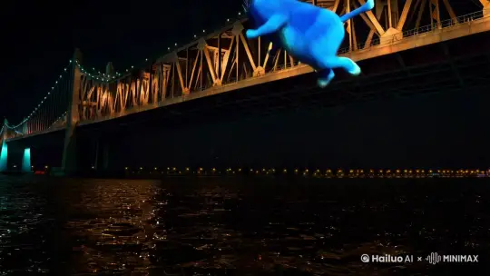 一只蓝色的猫很胖，从一个漆黑的武汉长江大桥上跳进了江里，突然间桥下水沸腾，飞出来一个蓝色的胖胖的猫，嘴里叼着一个巨大的麦当劳汉堡。 by Hailuo AI Video Generator