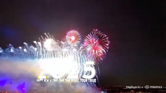 2025年绚丽烟花绽放的画面，最后形成“2025年新年快乐，万是如意”的字样，“2025年新年快乐，万是如意”这几个字是用烟花拼成的 by Hailuo AI Video Generator