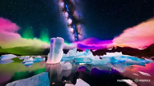 The whole picture was destroyed. The stars on the Broken Ice Lake twinkled in the night sky. Colorful Auspicious Clouds Soft aurora, halo, stars, twinkling stars, breaking the ice lake, breaking the starry sky, Milky Way, Michael James Smith matte painting, CG rendering, volumetric light, space art, bioluminescence, illusion engine 5, super wide angle, high-definition, high-definition，HD --ar 9:16 by Hailuo AI Video Generator
