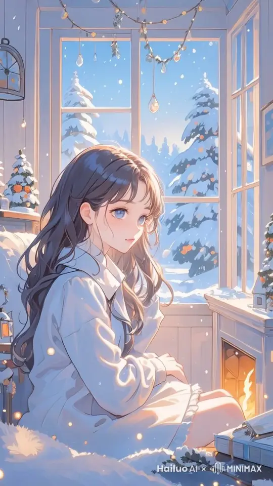 女孩头发飘动，前景的画飘动，有花边飘落，眨眼 by Hailuo AI Video Generator