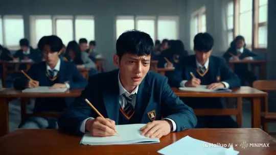 一位男生在参加考试，却因为难度太大而神情紧张，最终掀翻桌子 by Hailuo AI Video Generator