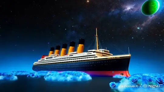 TEpic visual effect, the picture is open, the stars are twinkling in the universe, there is a super realistic Titanic, the lights on the ship are bright, surrounded by blue clouds, and there are many small blue roses in the clouds. It is dreamlike and visually shocking. There is a green planet in the distance, movie lights, photo realism, high detail, surrealism, mystery, 8K, wide angle,HD --ar 9:16 by Hailuo AI Video Generator