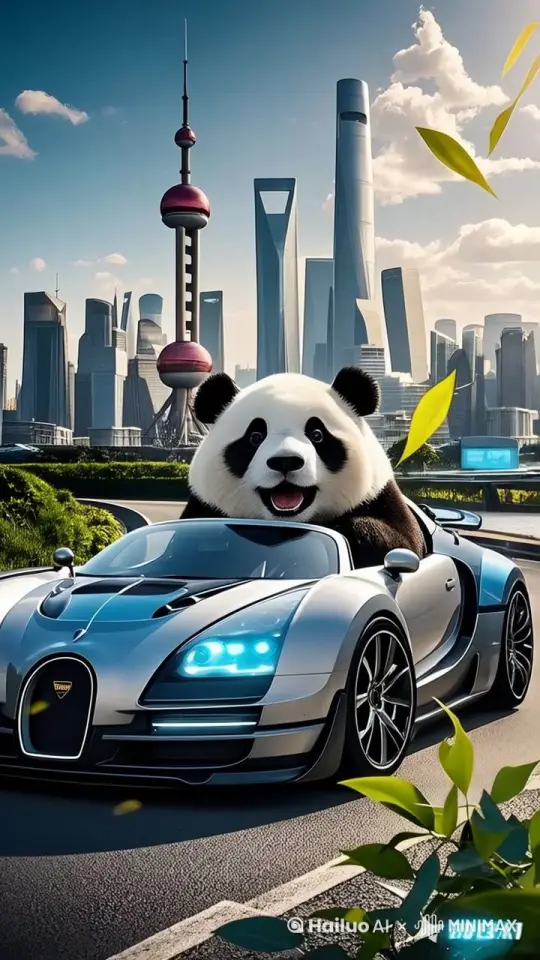 大熊猫边开跑车，边拿出墨镜带上 by Hailuo AI Video Generator