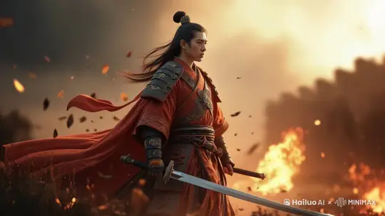 推镜头，太阳越来越大，到处是无尽的硝烟，空气中弥漫战火的硝烟，英雄的发丝随之飘扬，身上的服装也随之飘动，高清视频，8K 品质，极致写实，具有电影般的镜头，画面稳定，电影。摄影写实主义。纪实摄影。真实性。《国家地理》.35mm镜头。 by Hailuo AI Video Generator