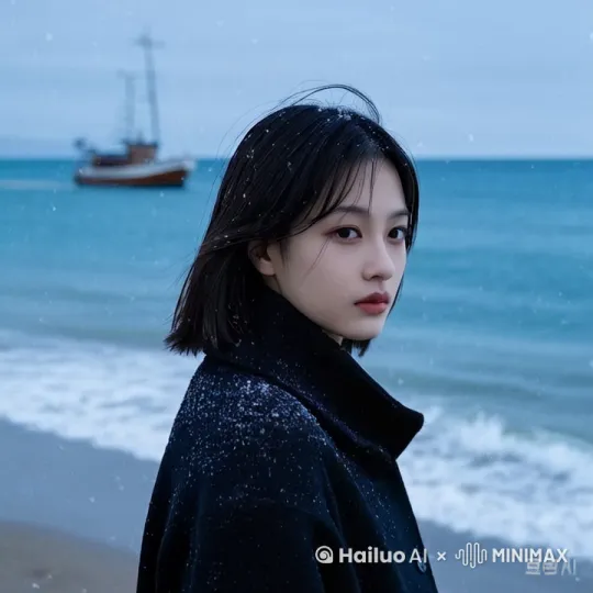 大雪在下，女孩在海边漫步 by Hailuo AI Video Generator