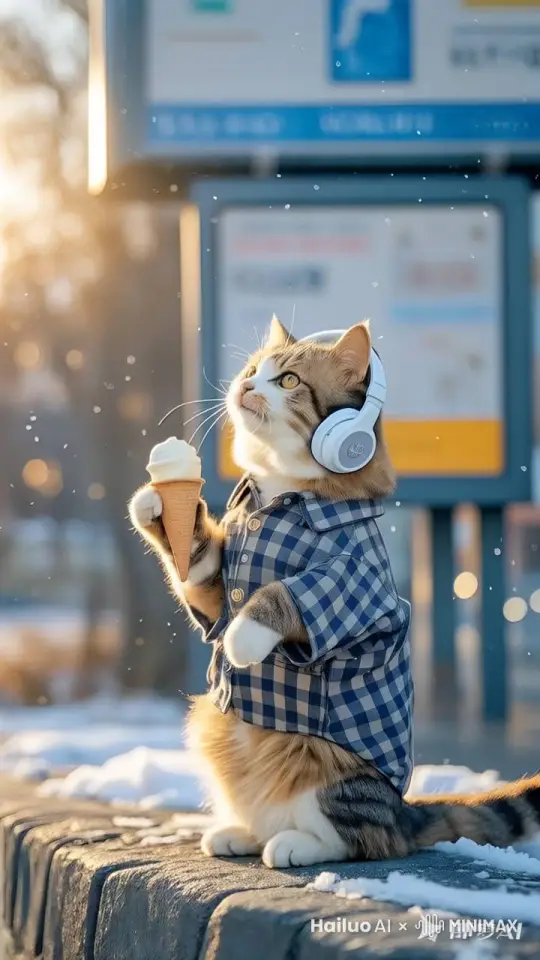 在公交车站，图中的猫咪后腿站立，在等车，她穿着英伦格子衫，耳朵上挂着耳麦，听着歌。身体时不时跟着音乐晃动。猫咪一只手插兜，另一只手拿着冰淇淋，时不时把冰淇淋放到嘴边舔一舔。这是一个冬天，天气晴朗，但下着小雪，太阳照到车站，暖洋洋的。 by Hailuo AI Video Generator