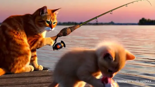 一只橘猫拿着钓鱼竿在钓鱼,小猫在吃鱼 by Hailuo AI Video Generator
