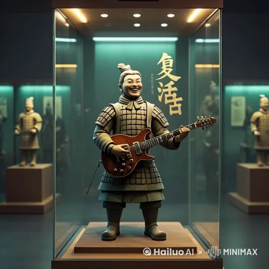 站在璃展柜的外面的兵马俑，迈着大步走进到展柜里的里面弹着电吉他唱着歌。 by Hailuo AI Video Generator