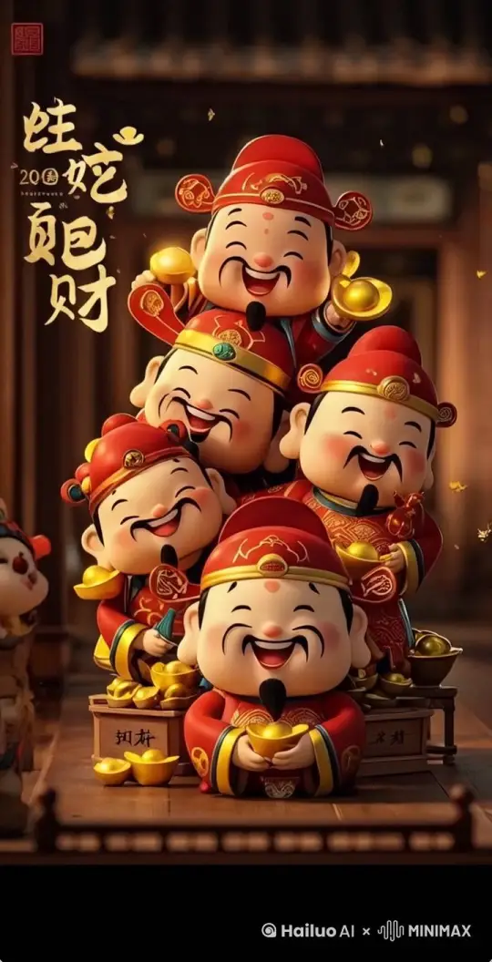 五个可爱的财神爷，他们穿着传统的红色服饰，手里抱着金元宝，脸上洋溢着幸福的笑容，仿佛在一起开心地唱歌。图片的左上角有“旺吃旺财”四个字，寓意着财源广进、富贵吉祥。这种风格的财神爷形象通常出现在春节期间，用来增添喜庆的氛围，祝福新的一年里财运亨通。 by Hailuo AI Video Generator