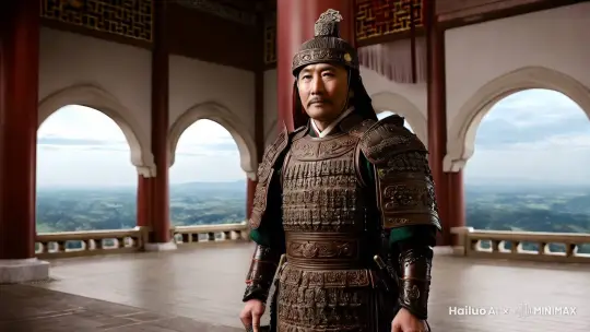 武安君白起身穿他的铠甲站在咸阳大殿之上,眺望着咸阳城外的领土,随后视角转到他的正面,脸上写满沧桑和对统一六国的渴望  by Hailuo AI Video Generator
