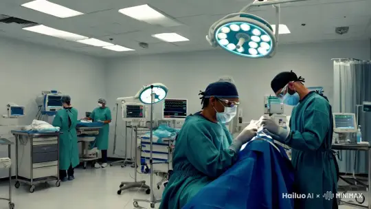 在医院手术室，医生给病人治病，镜头由远及近 by Hailuo AI Video Generator