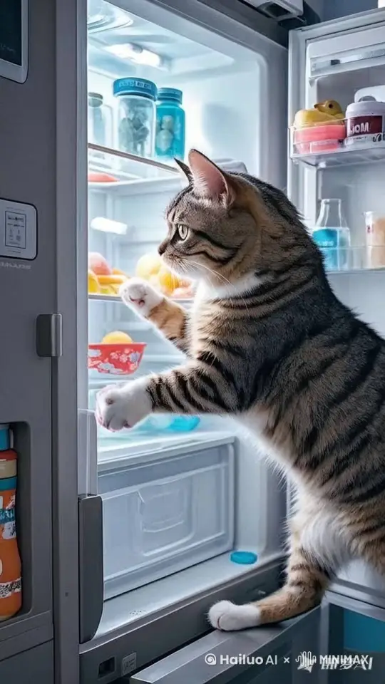 猫从冰箱拿菜 by Hailuo AI Video Generator
