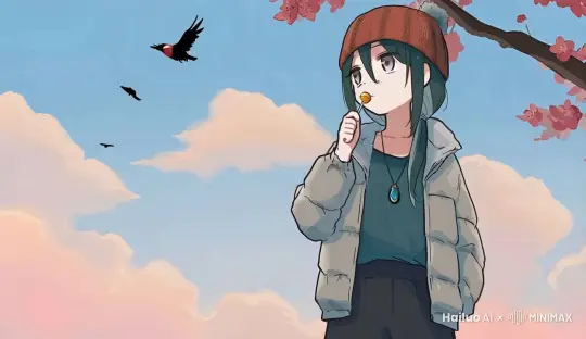 冬日，一个女孩站在花树下，天空中远飞的燕子 by Hailuo AI Video Generator