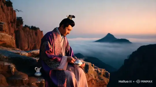 一个穿着唐装的男人，在悬崖上喝茶 by Hailuo AI Video Generator