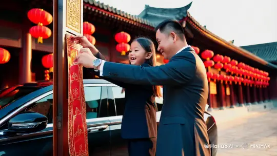 迈巴赫，西装，贴春联，父女，欢声笑语 by Hailuo AI Video Generator