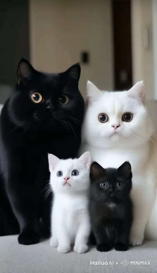 用这个图片生成一个视频，要求：接下来小猫和大猫进行亲吻，然后重新看向屏幕。动作自然合理，衔接流畅。 by Hailuo AI Video Generator