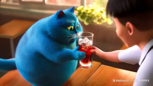 一只蓝色的胖猫给他后装“冰红茶 ”，然后被他同桌吗  by Hailuo AI Video Generator