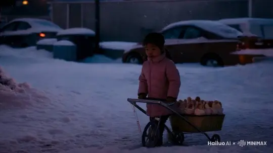 大雪纷飞的晚上，一个6岁的中国小女孩冻得瑟瑟发抖，在推着装满冰淇淋小推车艰难的在雪地里行走，无人问津，镜头跟随。 by Hailuo AI Video Generator