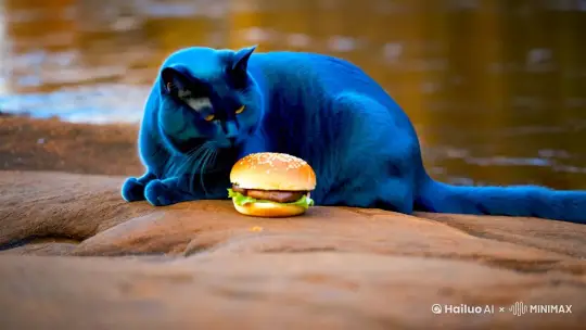 一个蓝色的肥猫在河里吃麦当劳 by Hailuo AI Video Generator