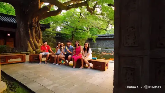 一家6口人，正在享受夏日的清凉，坐在四合院里吃着冰棍。院子里有一棵大树和一个鱼池。院子里洋溢着欢声笑语。 by Hailuo AI Video Generator