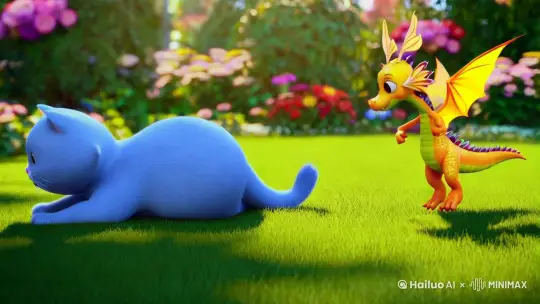 一只蓝色的胖猫和一只黄色的龙在花园里玩 by Hailuo AI Video Generator