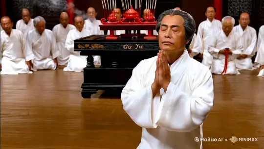 古月族长中年模样，两微霜，一身素白庄重的祭祀服装，跪在棕黄色的地板上，直着上身，双手合十，紧闭双目诚心祈祷。
台案有三层，供奉着先祖的牌位。他面对着高高的黑漆台案，牌位两侧摆着赤铜香炉，香烟袅袅。
在他的身后，也同样跪着十余人。他们穿着宽大的白色祭服，都是家族中的家老、话事人，执掌着各方面的权柄。
祈祷了一番后，古月族长率先弯腰，双手平摊，掌心紧紧贴着地板磕头。额头碰在棕色的地板上，发出轻轻的砰砰声，身后的家老们各个表情肃穆，也随着默默效仿。
一时间，宗族祠堂中尽是额头碰撞地板的轻响。 by Hailuo AI Video Generator