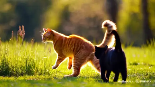 金色的猫跟黑色的猫玩耍 by Hailuo AI Video Generator