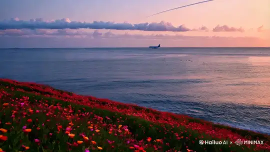 日出，花开，海边，白云，飞机 by Hailuo AI Video Generator