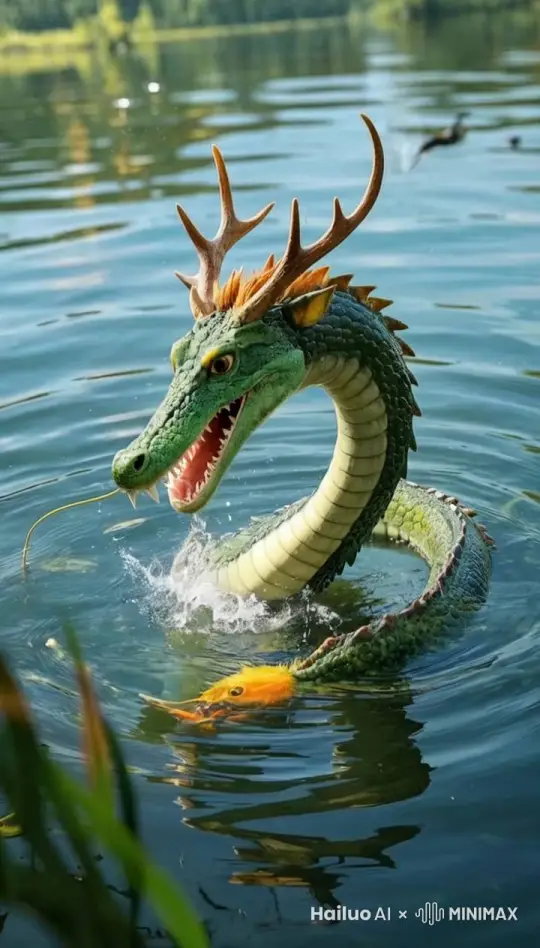 在水里动，嘴巴张大，喷火 by Hailuo AI Video Generator
