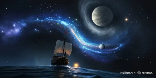 以深邃的黑色为底,代表宇宙虚空。无数星辰汇聚成一条磅礴的“星河”,光芒夺目,蜿蜒流动。星河之中,一艘散发微光的古朴帆船破浪前行,帆船上站着一位身着长袍、仰头眺望的古人形象,他眼中倒映着星河的光辉。周围星辰时而如珍珠滚落,时而似烟花绽放。远处,巨大的气态行星表面风暴肆虐,光环璀璨,在这壮阔场景下,日月仿若两颗明珠,交替穿梭,进出星河,完美诠释“日月之行,若出其里”之感,尽显星汉的奇幻与宏大。电影级画质,疯狂的细节,8K分辨率。 by Hailuo AI Video Generator