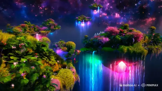 A surreal dreamscape with floating islands, glowing waterfalls, and a starry sky, vibrant colors, 4K resolution, highly detailed, by Studio Ghibli and Salvador Dalí. by Hailuo AI Video Generator