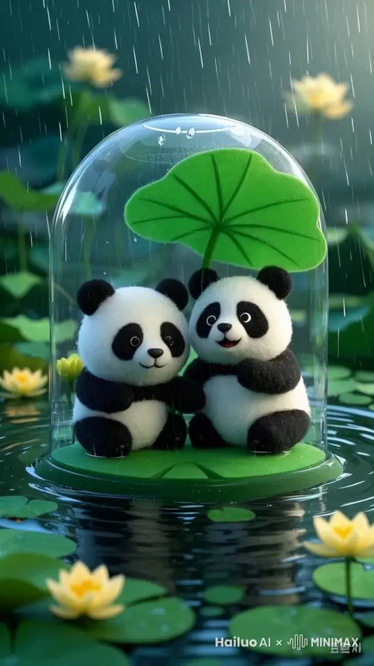 下雨，水花碰撞，熊猫避雨 by Hailuo AI Video Generator