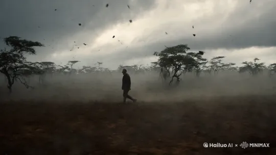 一望无际的旷野中风起云涌，一个男人孤独的在细雨中漫步，身边的树枝随风飘摇，落叶在地面上卷起一股尘土，背影越走越远 by Hailuo AI Video Generator