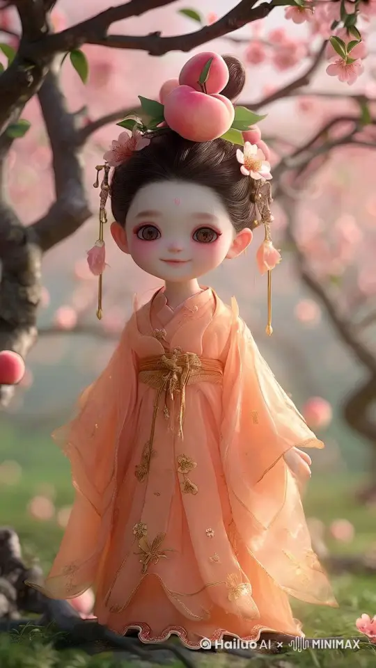 身着橙色古风服饰的少女，头戴桃花与桃子装饰，面带笑容，欢快地在桃花盛开的树下向前走。 by Hailuo AI Video Generator
