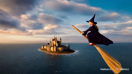 一个骑着扫把的小魔女，在魔法城的天空中穿梭，天空中是层层叠叠的云层，远处城堡矗立，小魔女飞翔的下方是一片汪洋大海，海浪荡漾。 by Hailuo AI Video Generator
