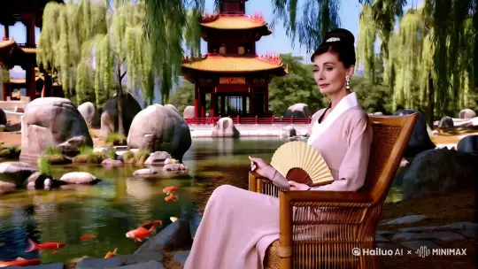 奥黛丽赫本身穿旗袍，手持团扇，面带微笑，端坐在藤椅上。旁边柳树摇曳，流水淙淙。水面不时有鱼儿跃起。远处有亭台楼阁，太湖石似隐似现。大师级别，高清4K画质。图像清晰明亮，色彩缤纷明亮。 by Hailuo AI Video Generator