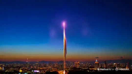 好的，以下是一段用于生成烟花绽放场景的提示词：

---

夜幕降临，城市被黑暗温柔地包裹。突然，一声轻响打破了寂静，一束光从地面急速窜升，它携带着希望与喜悦，在到达夜空的最高点时，化作无数闪耀的星光——烟花在此刻盛开。

"砰！" 随着一声清脆的爆裂声，第一朵烟花在空中炸开，形成了一个巨大的、色彩斑斓的花球。金色的光芒如同流星雨般洒落，每一道光线都在空气中划出美丽的弧线。紧接着，更多不同颜色和形状的烟花接连不断地升空，它们有的像绽放的菊花，有的像闪耀的星星，还有的像瀑布一样倾泻而下。

天空中，红、橙、黄、绿、蓝、靛、紫七彩交相辉映，每一秒都是一场视觉的盛宴。 by Hailuo AI Video Generator